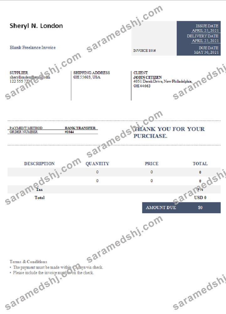 USA Sheryl N. London invoice